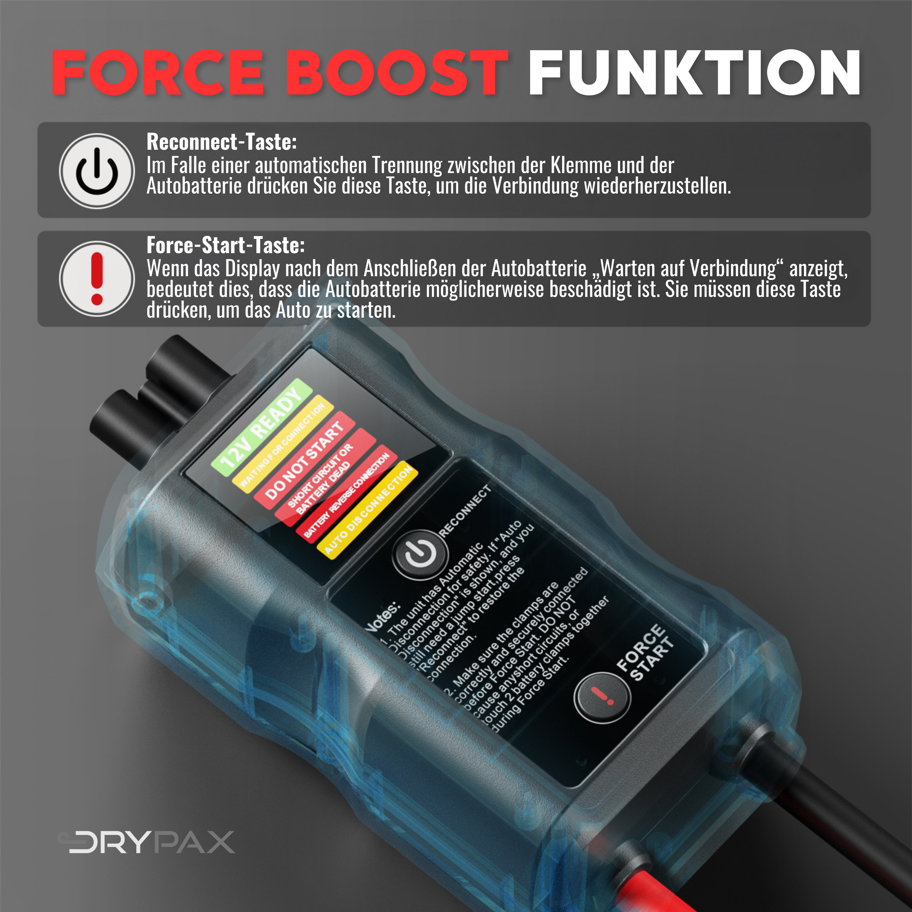 DRYPAX 3000A Starthilfe – Patentierter Digital-Anzeigeclip